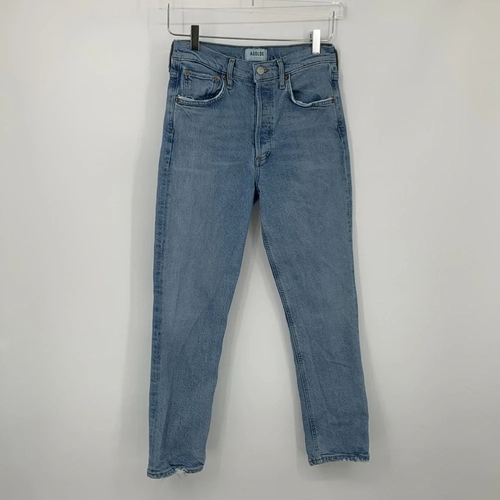 AGOLDE Riley Crop jeans denim button fly distressing light wash high rise 26 - Picture 2 of 8
